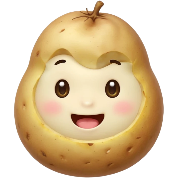 cute emoji-style character happily eating a potato, round face, big sparkling eyes, soft colors, blushing cheeks, holding a steaming potato with a bite taken out, friendly and cheerful expression, simple and adorable design like LINE or Kakao Friends style emoji