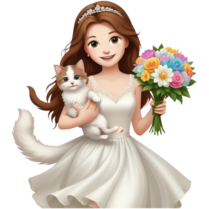 White woman - long hair - white wedding dress - holding a kitten - happy - jumping - fashionable - elegant - bouquet - dreamy - colorful - pearl accessories emoji