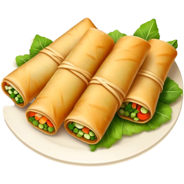 Cinematic Realistic Spring Rolls Dish Emoji, featuring golden, crispy rolls filled with fresh vegetables rendered with detailed textures and warm natural lighting. emoji
