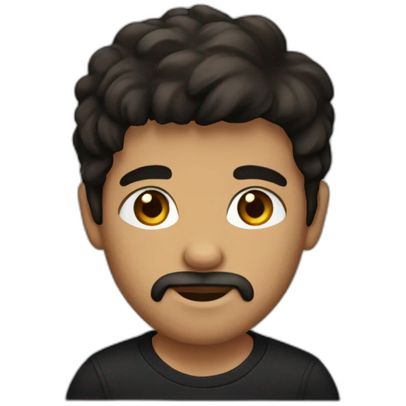 Dark-haired boy with a beard, brown eyes and a black T-shirt emoji