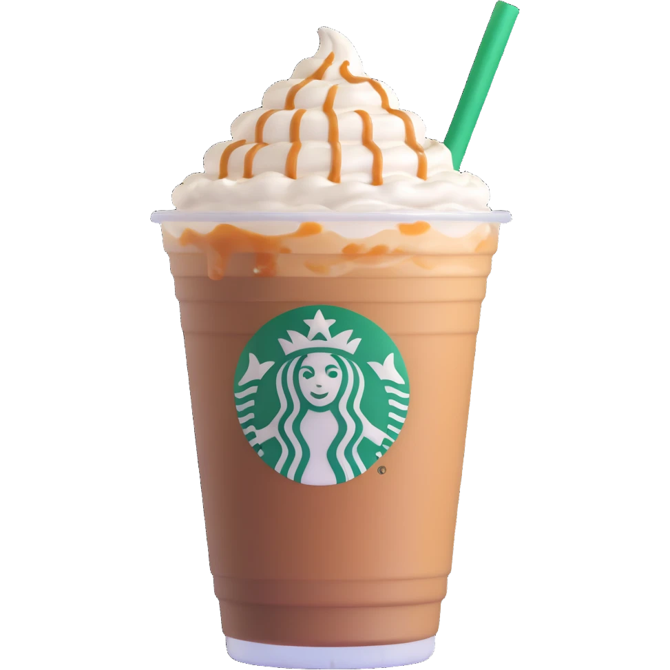 Starbucks iced latte in plastic cup with whipped cream and caramel drizzle emoji