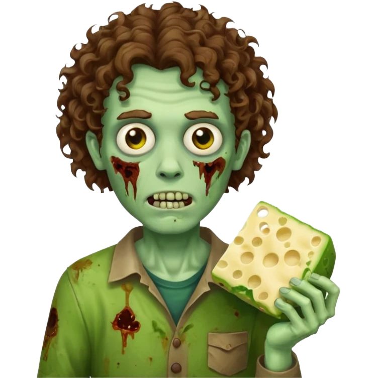 curly hair man zombie holding moldy cheese piece emoji