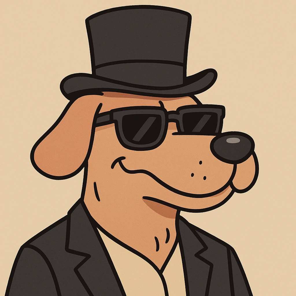 a cool dog with sunglasses and a top hat, cartoon style, flat toon style emoji