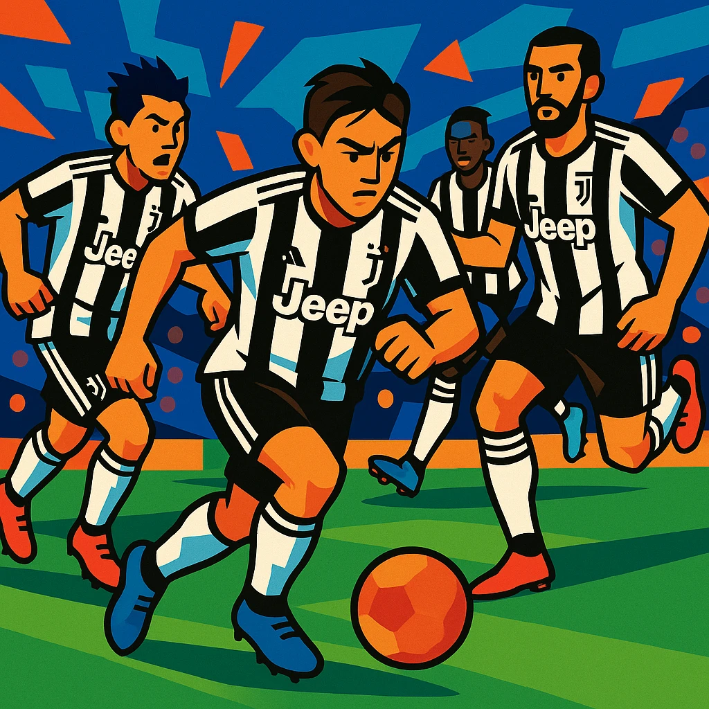 Juventus players in action during a match, dynamic and energetic emoji