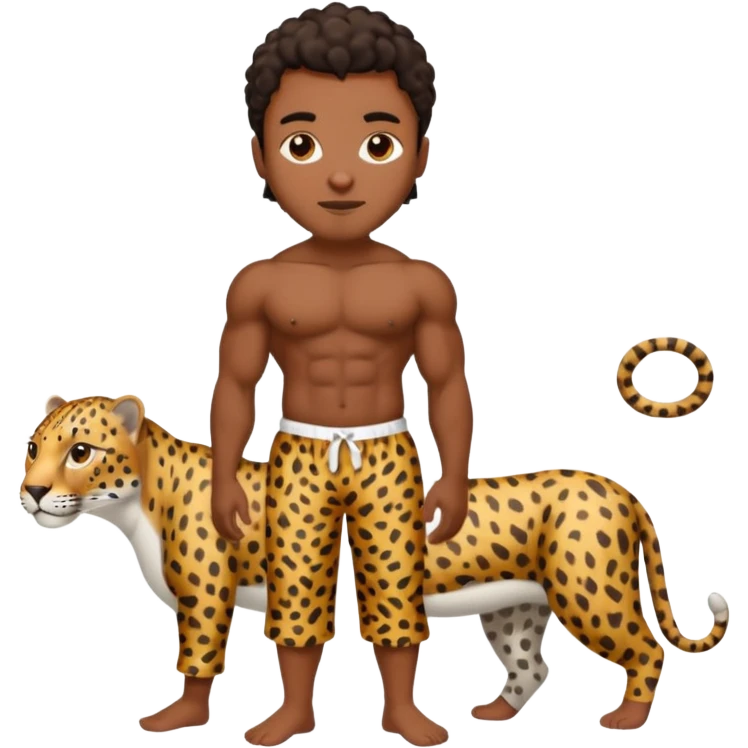 Handsome Black guy with brown skin tone, with muscular build, wearing loose fitting leapard print pajamas and white slippers  emoji