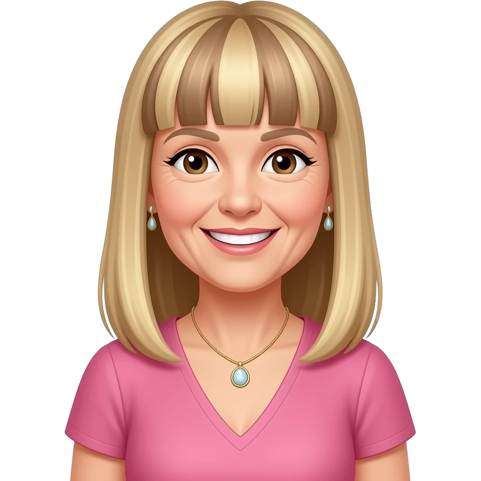 female, 50's, fringe, blonde with brown highlights, straight long hair, straight fringe, earrings, brown eyes, pink dress, smile with teeth, neclace emoji