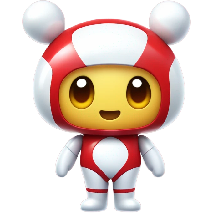 Very shiny full body character with pill capsule head with retro antennae and jetsons aesthetic sailor moon eyes  puffy body and welcoming waving arms Japanese animation inspired Anpanman with big boots and antennae red and white colors only emoji