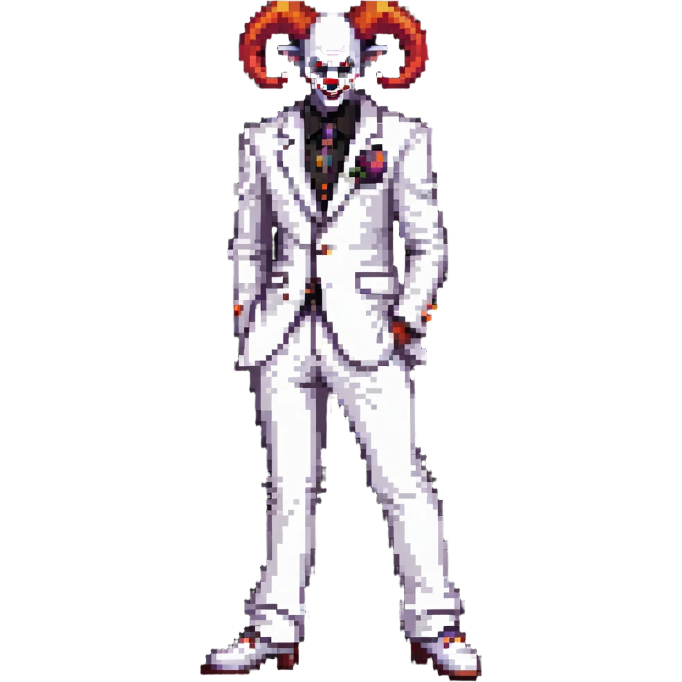 full-body demonic clown in a white leisure suit with bellbottom pants, bald, with black ram horns, wearing elevator shoes emoji