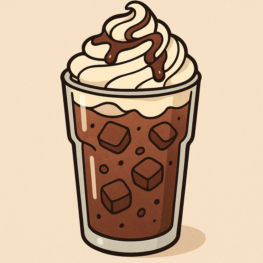 cartoon style iced chocolate in a glass with whipped cream and chocolate drizzle emoji