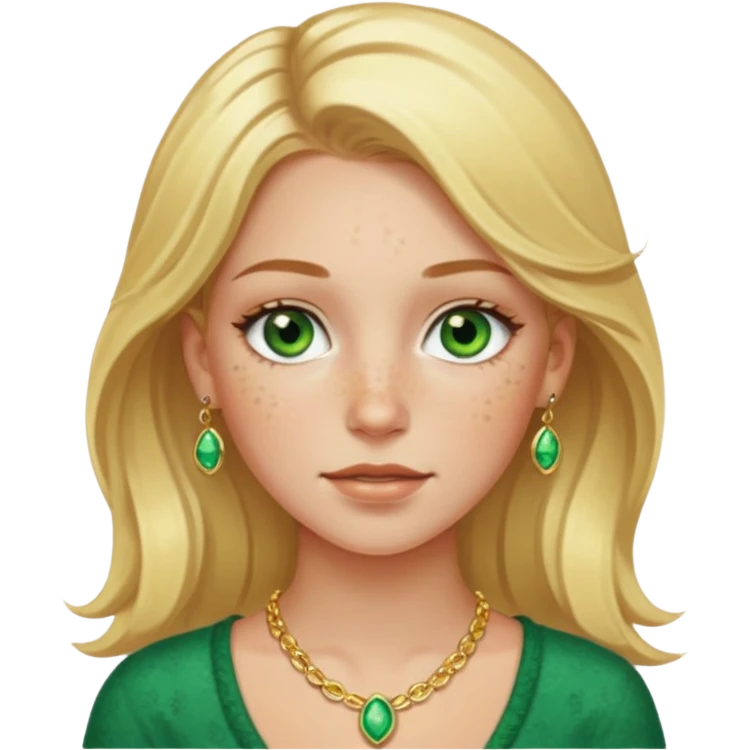 White girl with freckles blonde hair green eyes gold jelwery  emoji