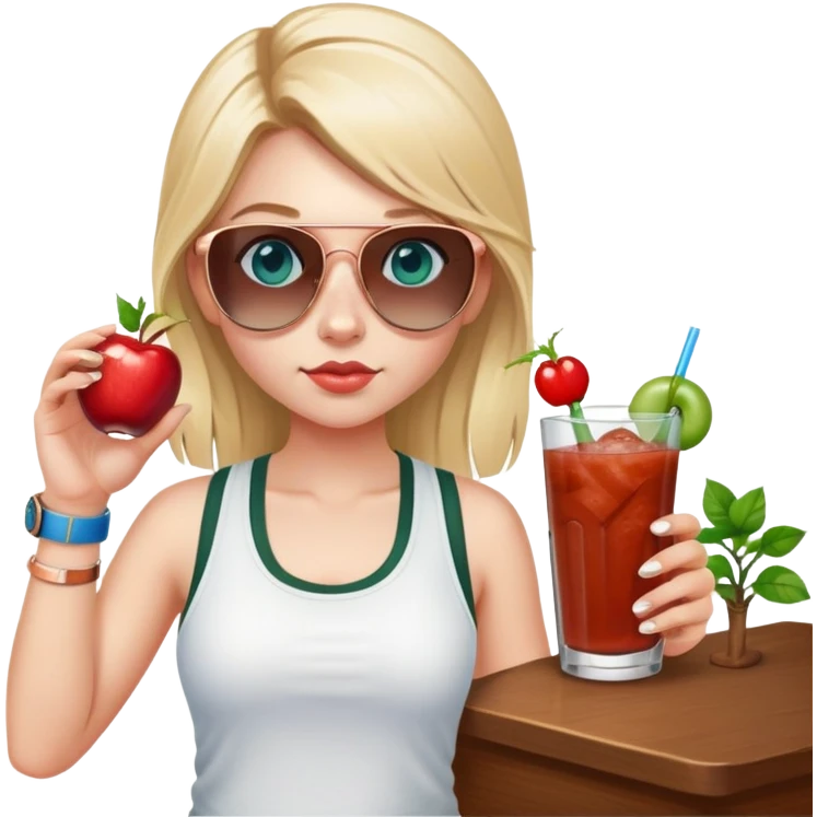 girl with long blond pig tailed hair
with blue eyes
and aviator sunglasses
wearing white tank top 
holding bloody mary
wearing (rose gold apple watch with forest green band) emoji