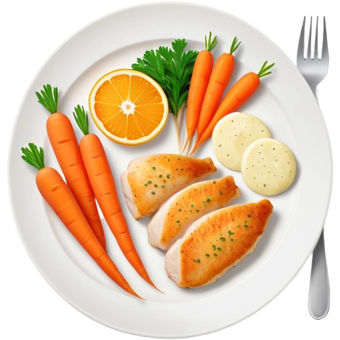 A plate with chicken, fish fillet, and bright orange carrots, with vitamin A nutrition labels emoji