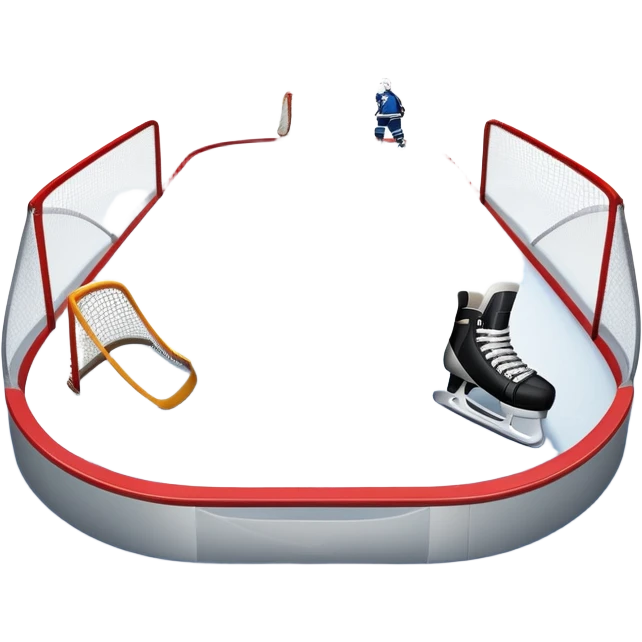 An icon showing a hockey stick, puck, skates, and goalposts on the ice. The background features a large hockey stadium with cheering fans, bright lights, and a snowy landscape visible through the arena. Transparent background highlights the main hockey equipment and atmosphere. emoji