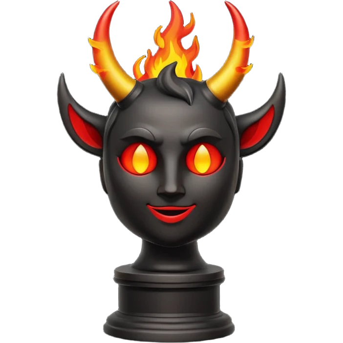 Minimalist emoji-style sticker of an Oscar-like statue with horns and fire at the base, thick black and red colors, silhouette style emoji