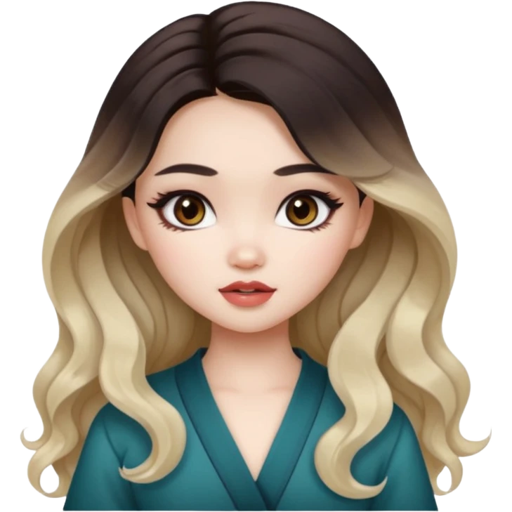 pale skin, girly bratz ASIAN vietnam baddie, dark brown eyes, pretty makeup, long dark to light ombré colored hair, wavy hair emoji