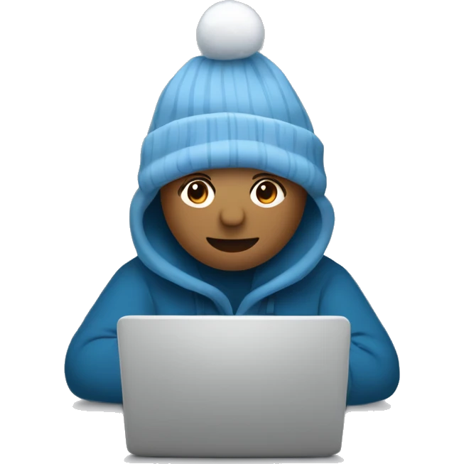 A minimalistic cartoon emoji: person behind gray laptop, festive New Year theme, gray-blue tones, snowflakes emoji