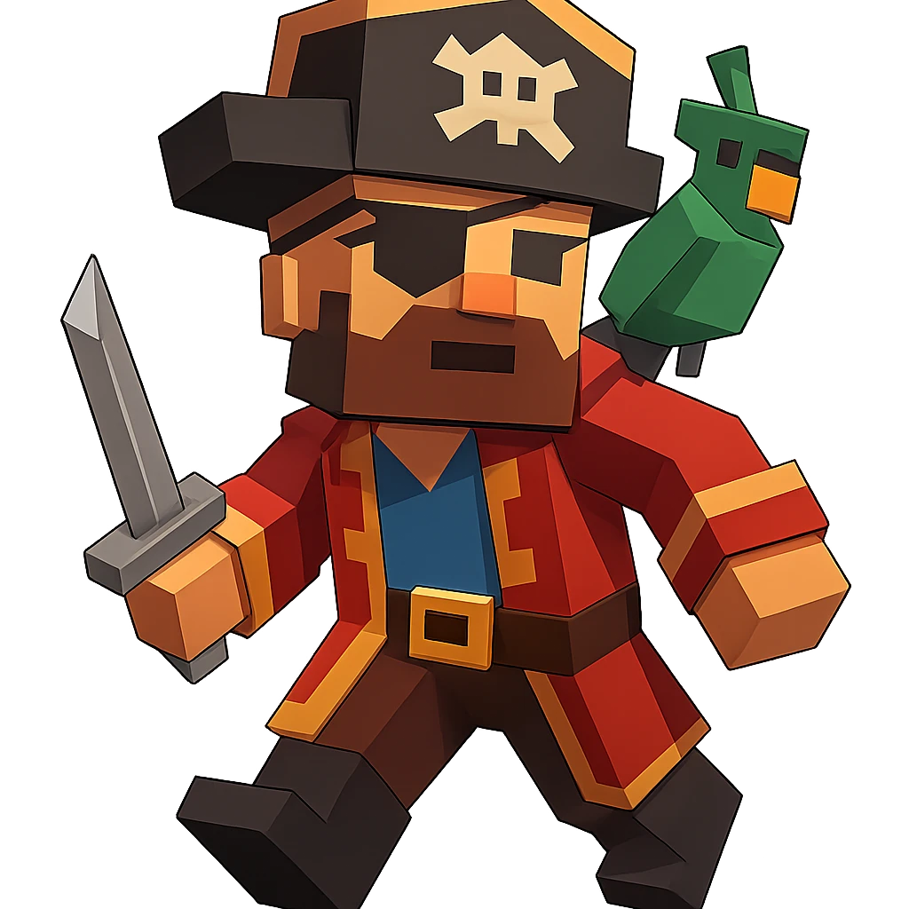 A pirate captain with a hat, eye patch, and a parrot on shoulder, clean geometric style emoji