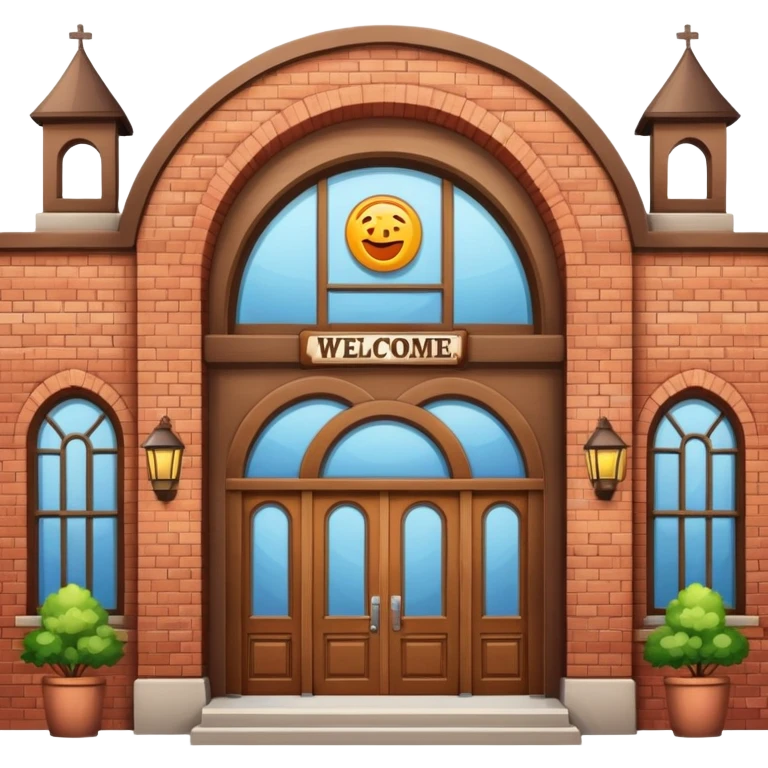 Community center building with a welcome sign emoji