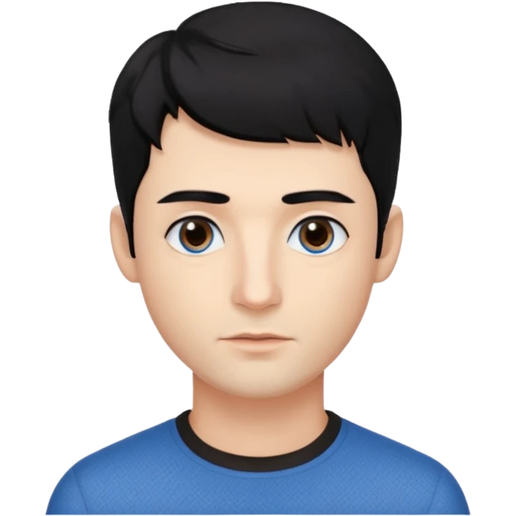 Man. With black hair. Hairstyle texture krop. The skin is beige. One eye is brown, the other is blue. The lips are not big. Beautiful nose. emoji