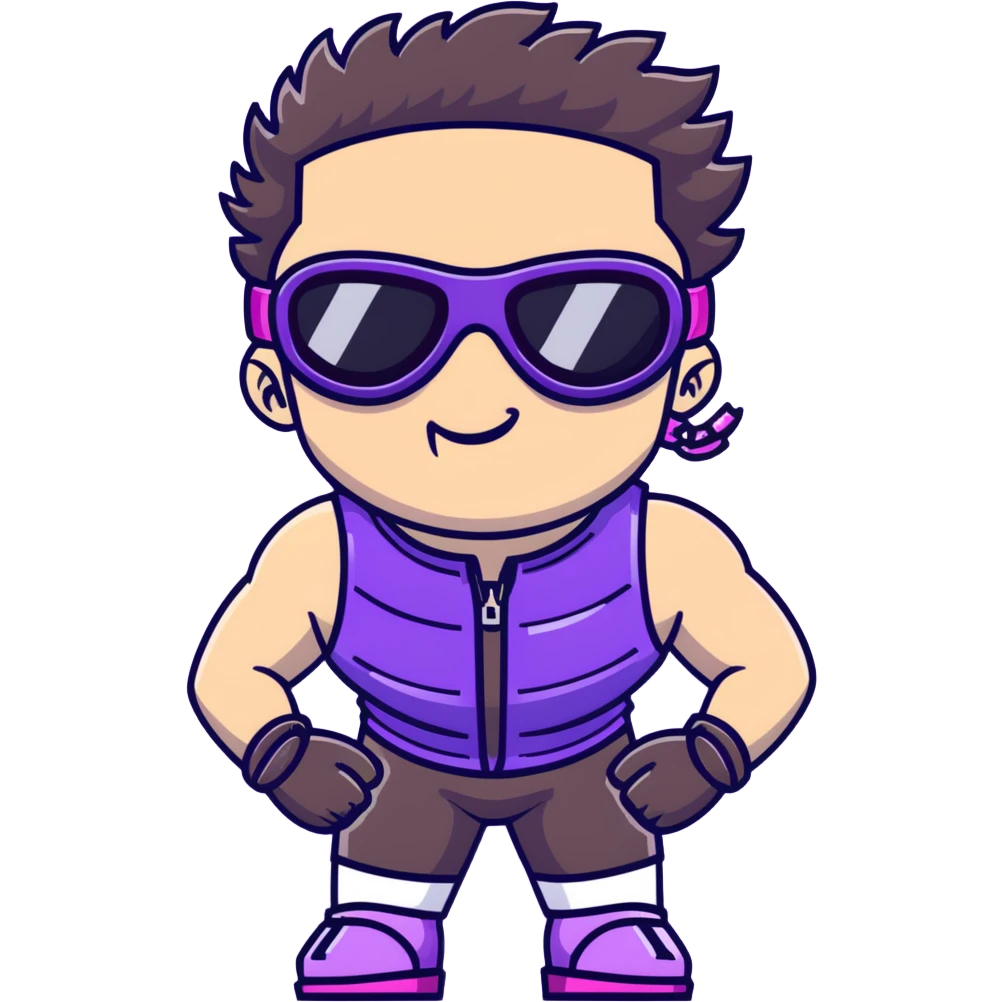 close-up of bad guy male athlete with white skin and moderately curly dark brown hair on top with shaved sides, wearing ski goggles with purple frames and very dark black lenses, a simple plain black chain necklace, and a completely unzipped sleeveless vest with purple and black sequin fire pattern design with no logo, pulling his tongue out very far in an exaggerated mocking gesture, looking menacing and villainous emoji