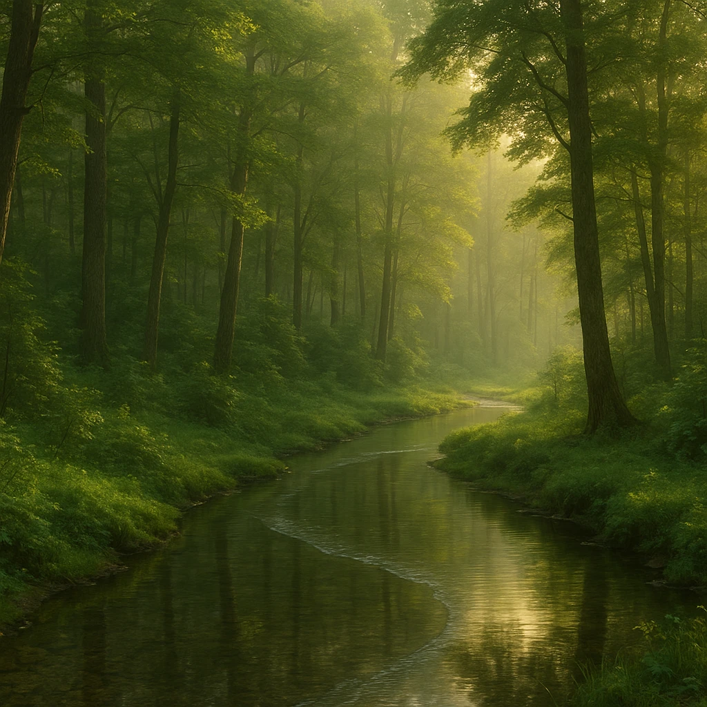 realistic 1920x1080 forest landscape in early morning, dense trees, clear stream winding through foreground, soft golden morning light, lush greenery, detailed water reflections, gentle mist, no wildlife emoji