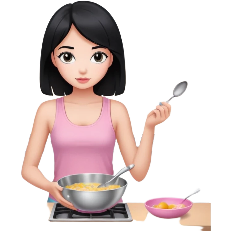 girl with black hair and black eyes white tone skin wearing pink pastel tanktop, and holding a silver bowl cooking or mixing something emoji