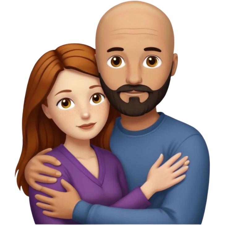 Couple. Bald man with dark brown-black beard. White woman with many small, faded freckles, she has white skin and she has auburn-yellow-brown-cinnamon, dark long hair. She has light brown eyes. The man have hazel eyes. Retro style. They hug. emoji