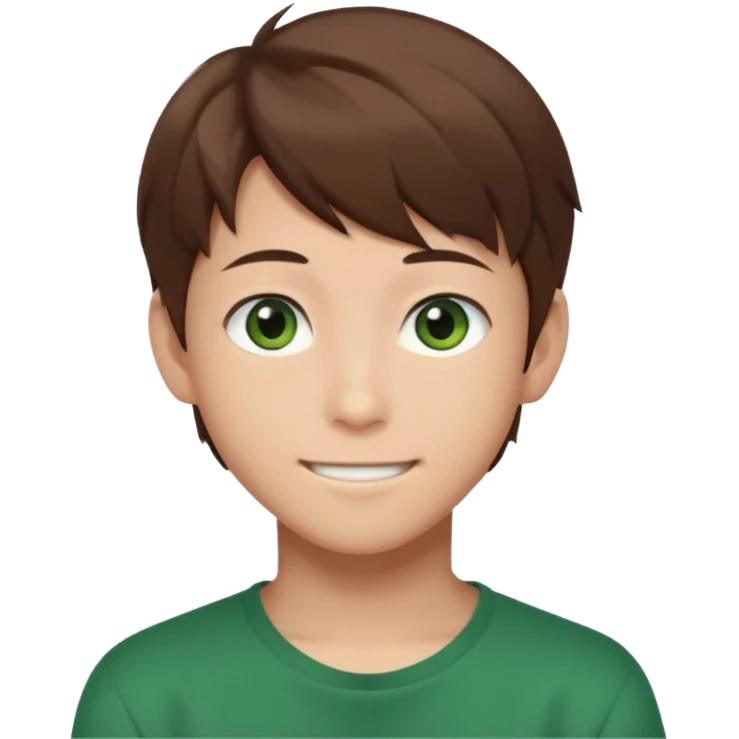 Discord emoji. the face of an Anime asian style teen boy with brown hair, green eyes, looking smiling slightly sideways positioned. Face must be main filling of the frame.  128px emoji