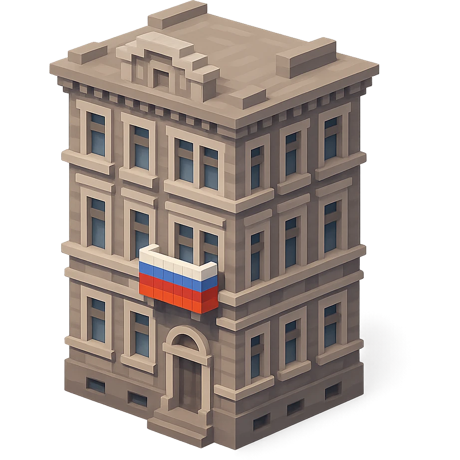 old Saint Petersburg building in voxel style, gray-brown tones, ornate facade, Russian flag draped over a balcony, isometric view emoji