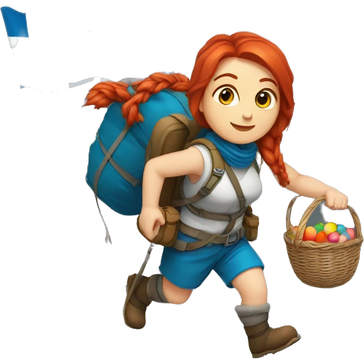 red hair female winter mountaineer climbing with Easter eggsbasket and Greek flag emoji