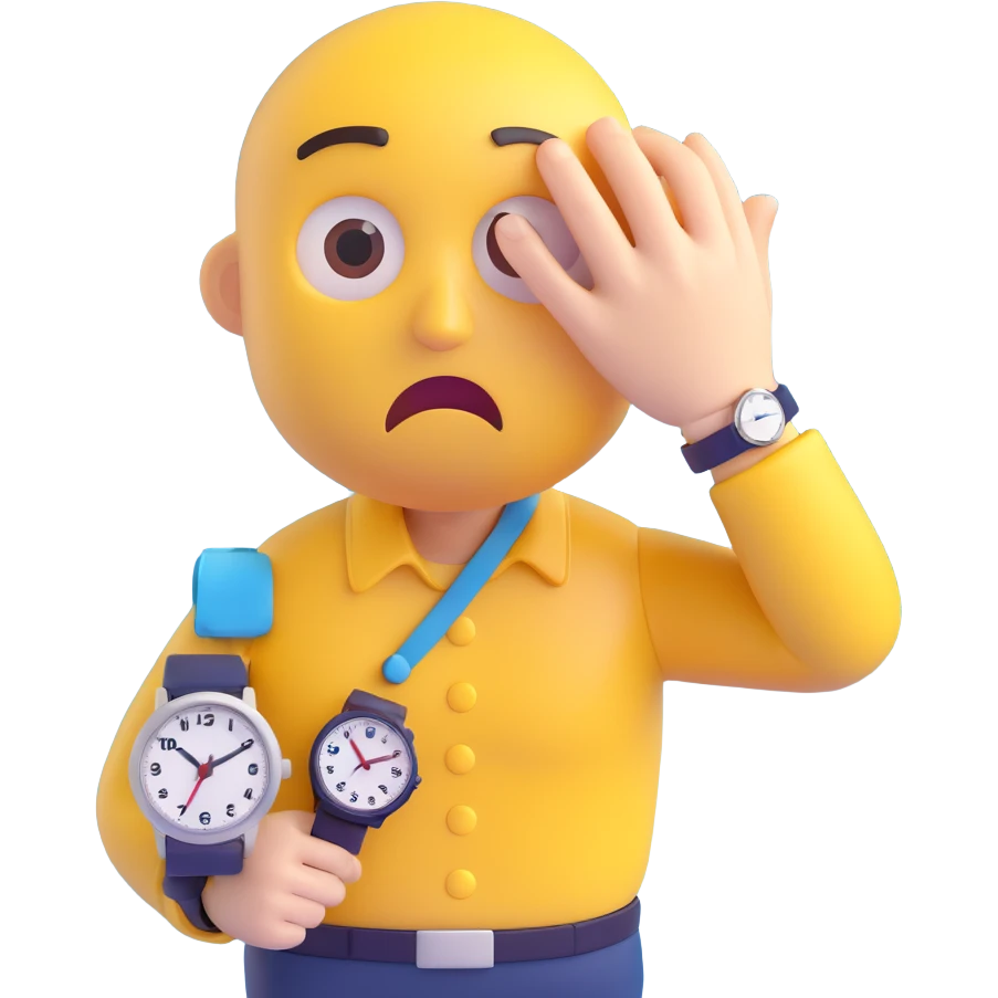 A yellow emoji face with a worried expression, looking at a wristwatch with raised eyebrows, showing urgency and stress emoji