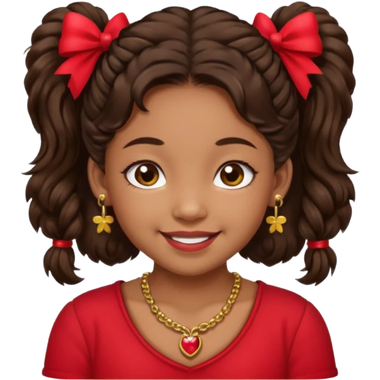 Brownskin girl dark brown hair fluffy. pigtails with red bows brown eyes smiling closed mouth red shirt gold esrrings gold necklace emoji
