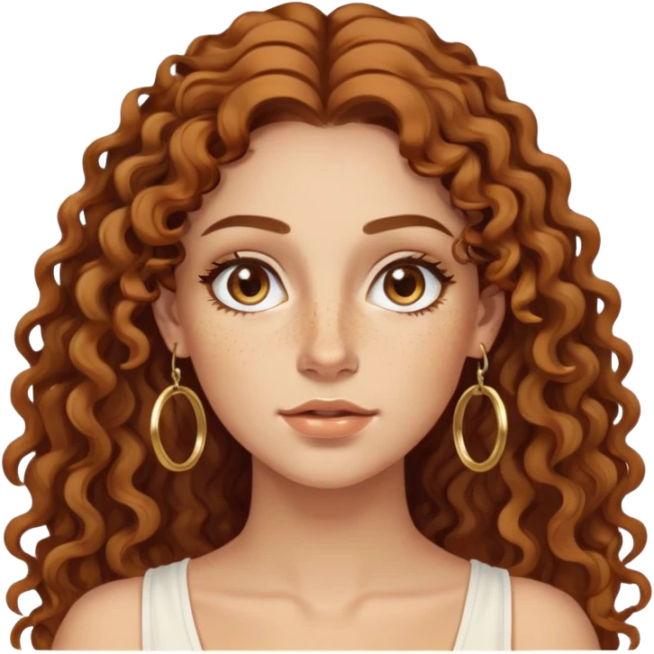 Attractive Greek woman with a wide face, freckles, long curly amber-brown hair and gold hoop earrings emoji