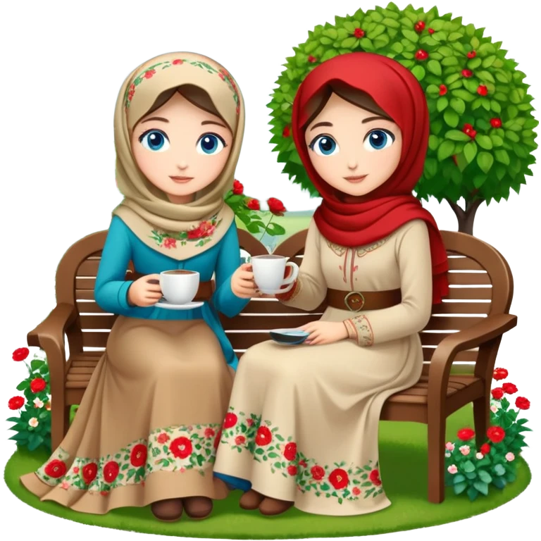 Turkish beautiful finish Konya girls blue eyes with Beautiful beige red green floral hijab long tail dress and this two friends sit in a lovely garden on the chair on the ground and holds cup coffe with her hand  emoji
