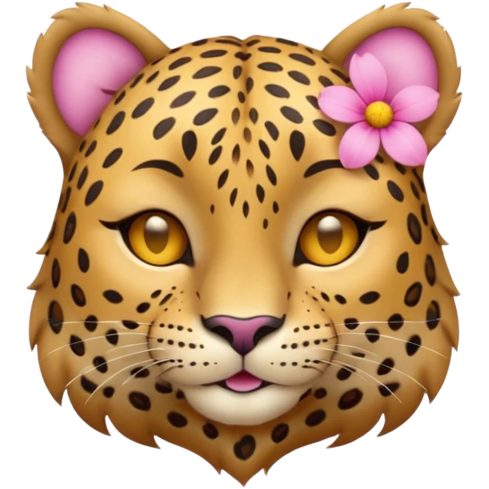 eyes closed, A leopard with peaceful smile, A pink flower with a yellow center is tucked behind its right ear
 emoji