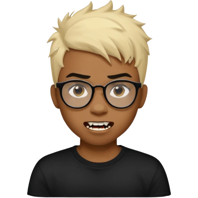 Black Male Teenager with Short punk messy blonde hair, Dark brown bushy eyebrows large expressive golden-brown eyes, wearing a plain white t-shirt, wearing thick black glasses, Dark Brown skin color. Showing off his vampire tooth emoji