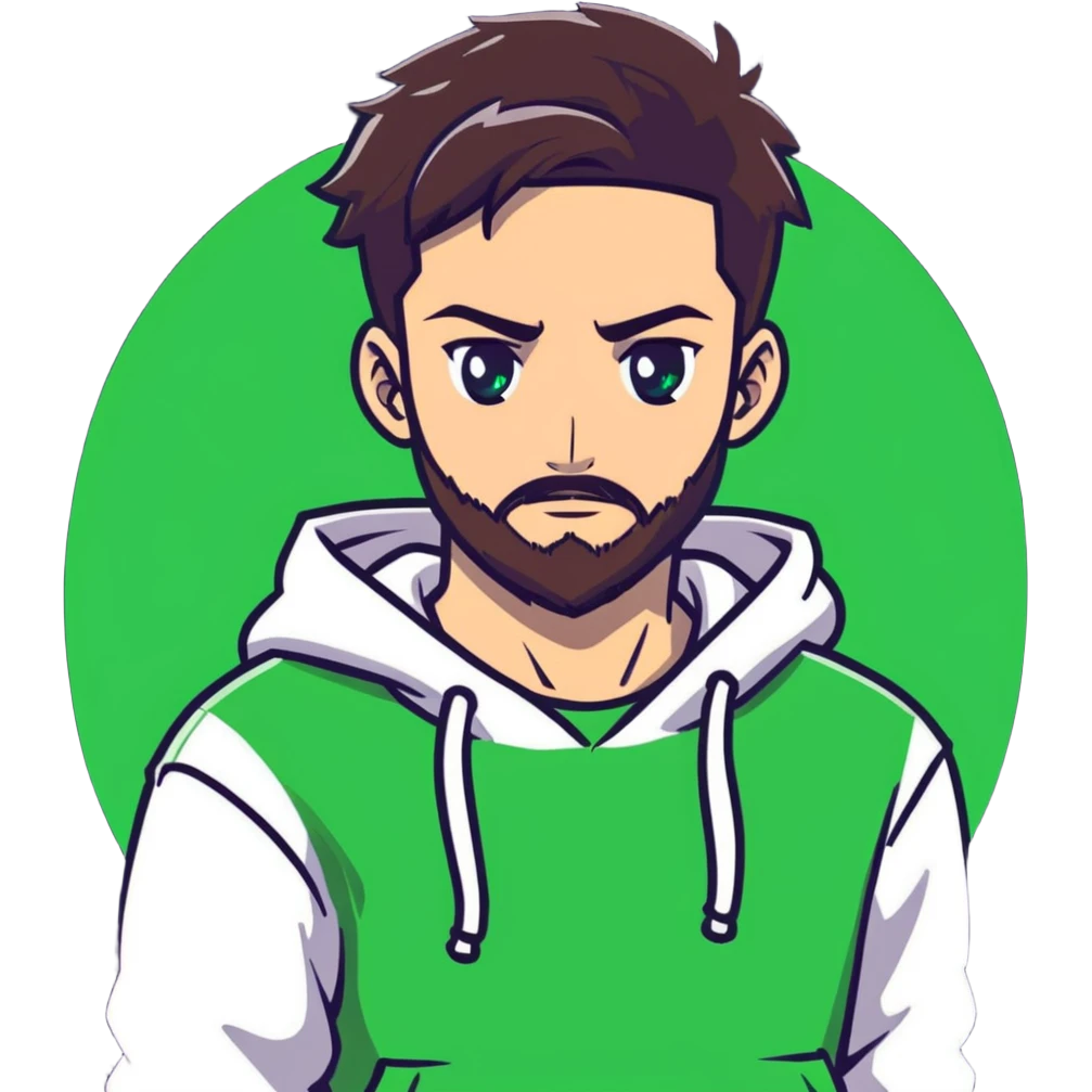 anime style man with short full beard, dark brown undercut hairstyle, white hoodie, and green eyes emoji