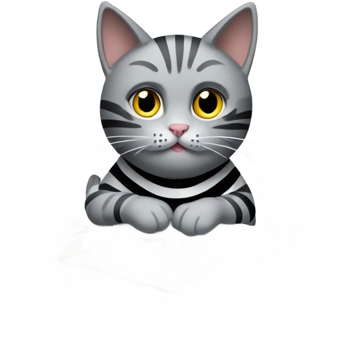 Grey cat with black straps doing secretary job surrounded by papers emoji