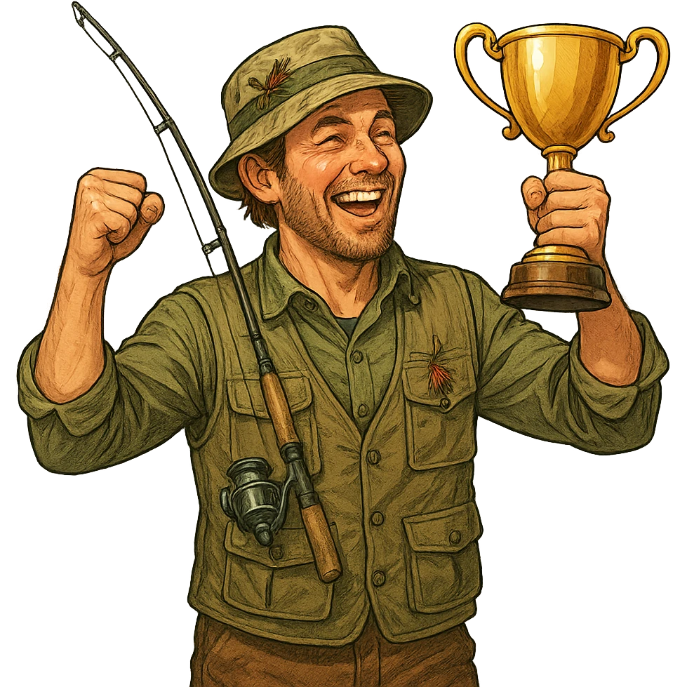 a male fisherman celebrating with a trophy cup, outdoors, happy emoji