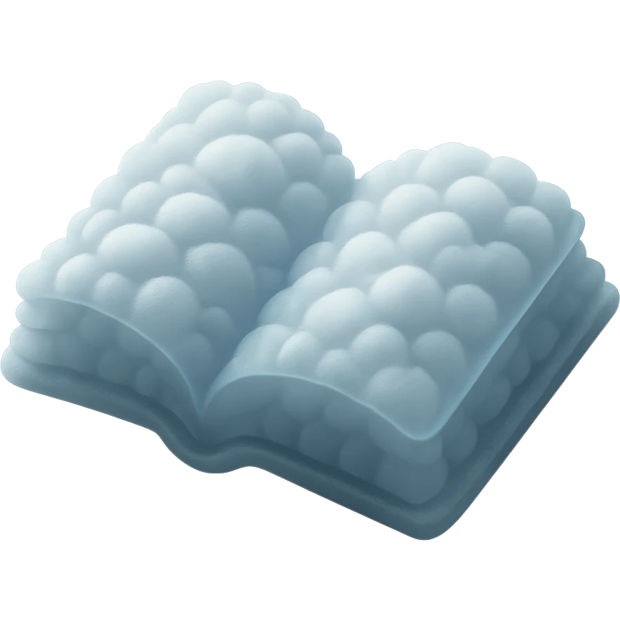 thick open book made entirely of small, very bright white fluffy convex clouds, matte glass style, no background emoji