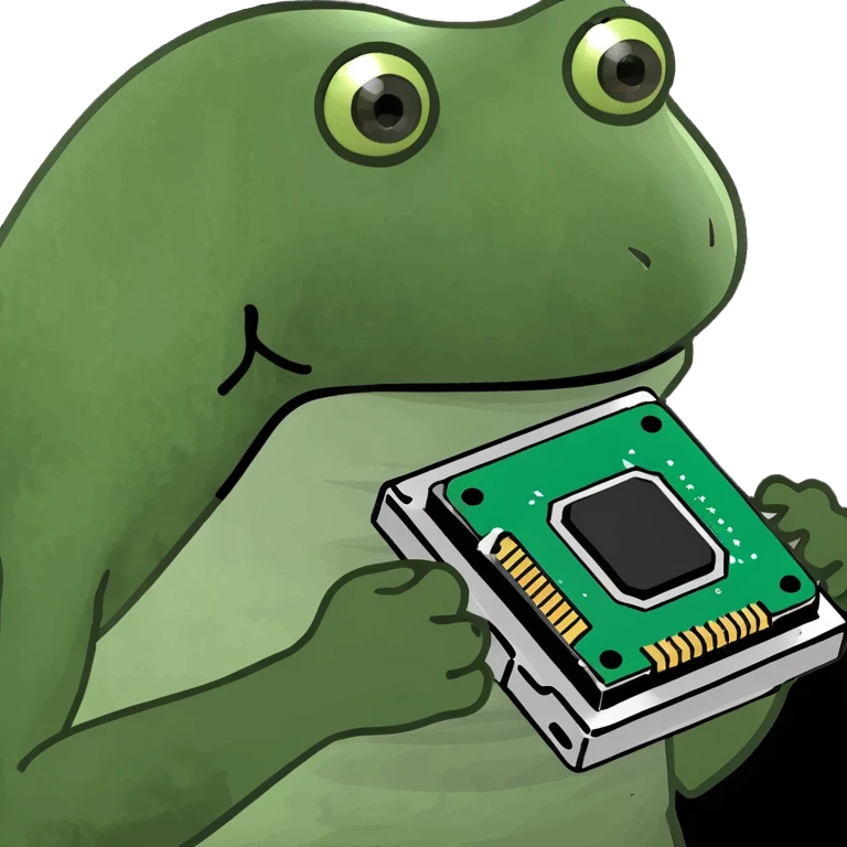 Bufo frog holding a CPU computer chip, meme style emoji