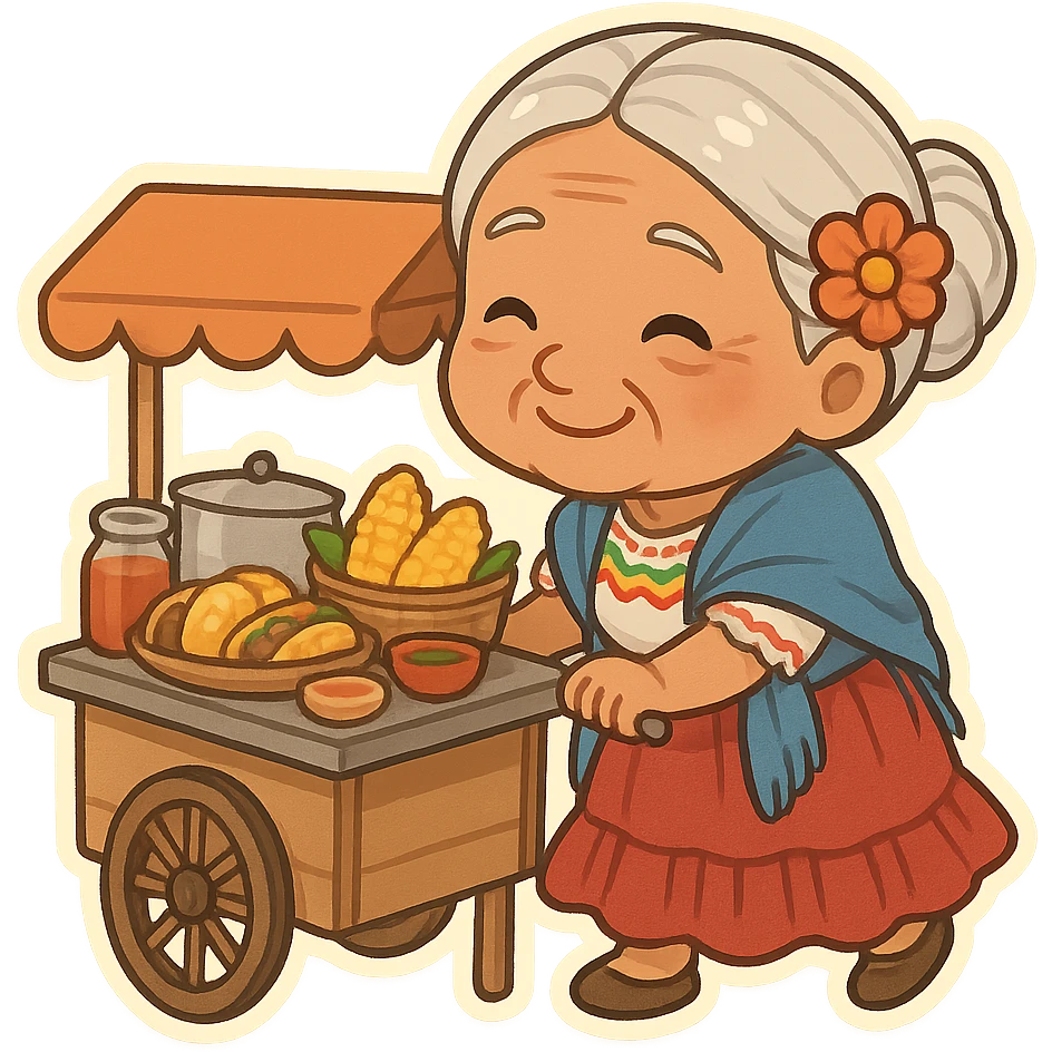 old Mexican lady pushing a food cart, warm and friendly, traditional dress, vibrant colors, street vendor, detailed, no text, chibi stickers cartoon style emoji
