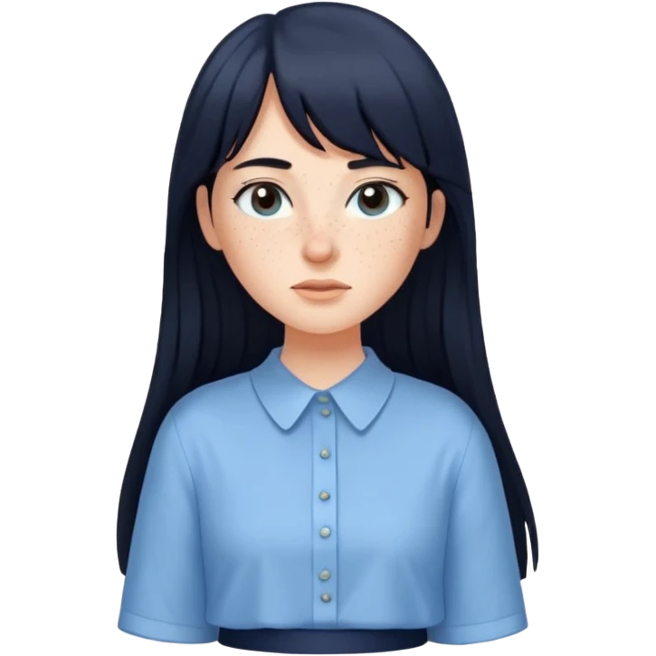 hair : black long hair with fringe 
skin : light with freckelt
cloth : oversize light blue shirt + navy long long skirt 
 emoji