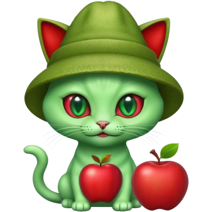 An alien cat with a red apple hat with cash all around it emoji