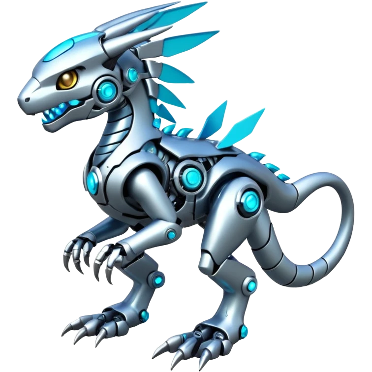 Futuristic mechanical cyborg modern badass cool shiny metallic alloy  white with glowing cyan-blue animal Digimon Fakémon hybrid full body with intricate patterns emoji