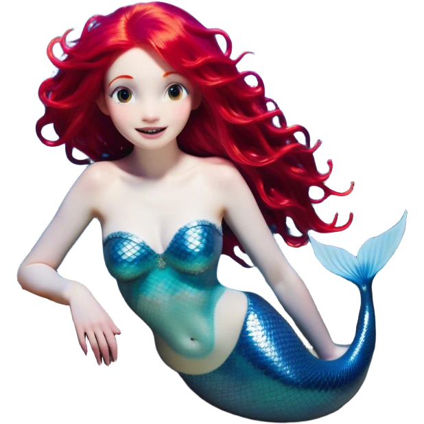 Cinematic Realistic Red Hair Mermaid Portrait, head tilted dramatically with an exaggeratedly amused expression, featuring a striking, vibrant form with meticulously detailed, flowing red hair and luminous porcelain skin. Her expressive eyes burst with playful marine mischief, rendered with dynamic underwater lighting and vibrant textures that convey an air of cheeky oceanic whimsy and over‐the‐top mermaid charm. emoji