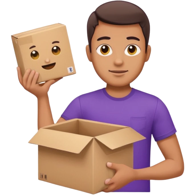 a man in a purple T-shirt hands out a box emoji