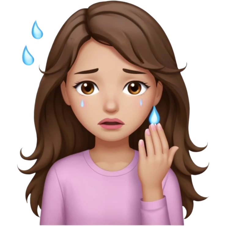 girl with wavy long brown hair, brown eyes, light to medium complexion, long lashes, light pink lipstick, wearing light pink shirt, weeping lots of big tears emoji