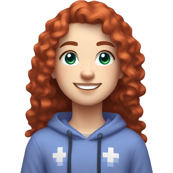 a white girl with long red curly hair and freckles, wearing periwinkle Minecraft hoodie playing a videogame smiling emoji