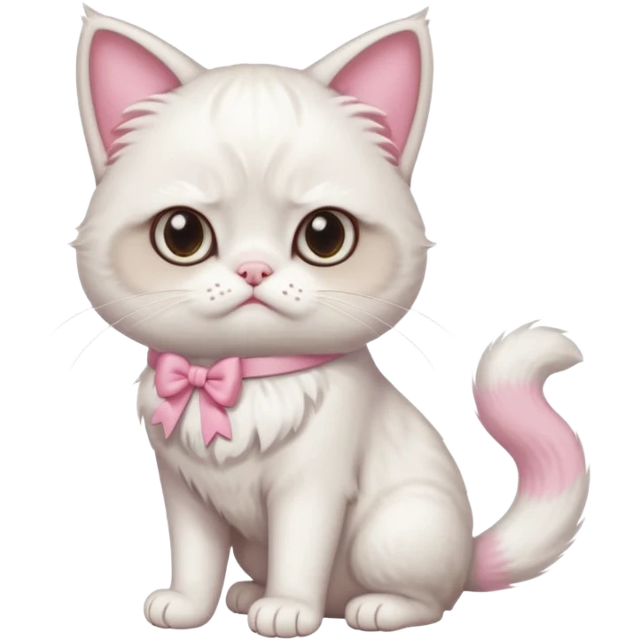 A White grumpy cat with light pink ears and paws and with a bow around its neck. The cat shall be standing on two legs emoji